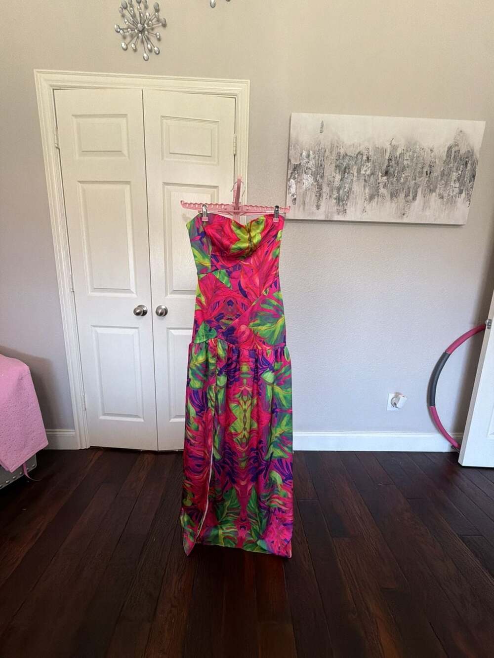AKIRA Tropical Getaway Satin Printed Strapless Maxi Dress